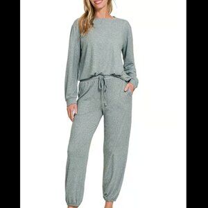 LARGE-ZENANA Soft Melange Hacci Long Slv Top & Joggers Set (ASH JADE)	 LARGE-ZEN